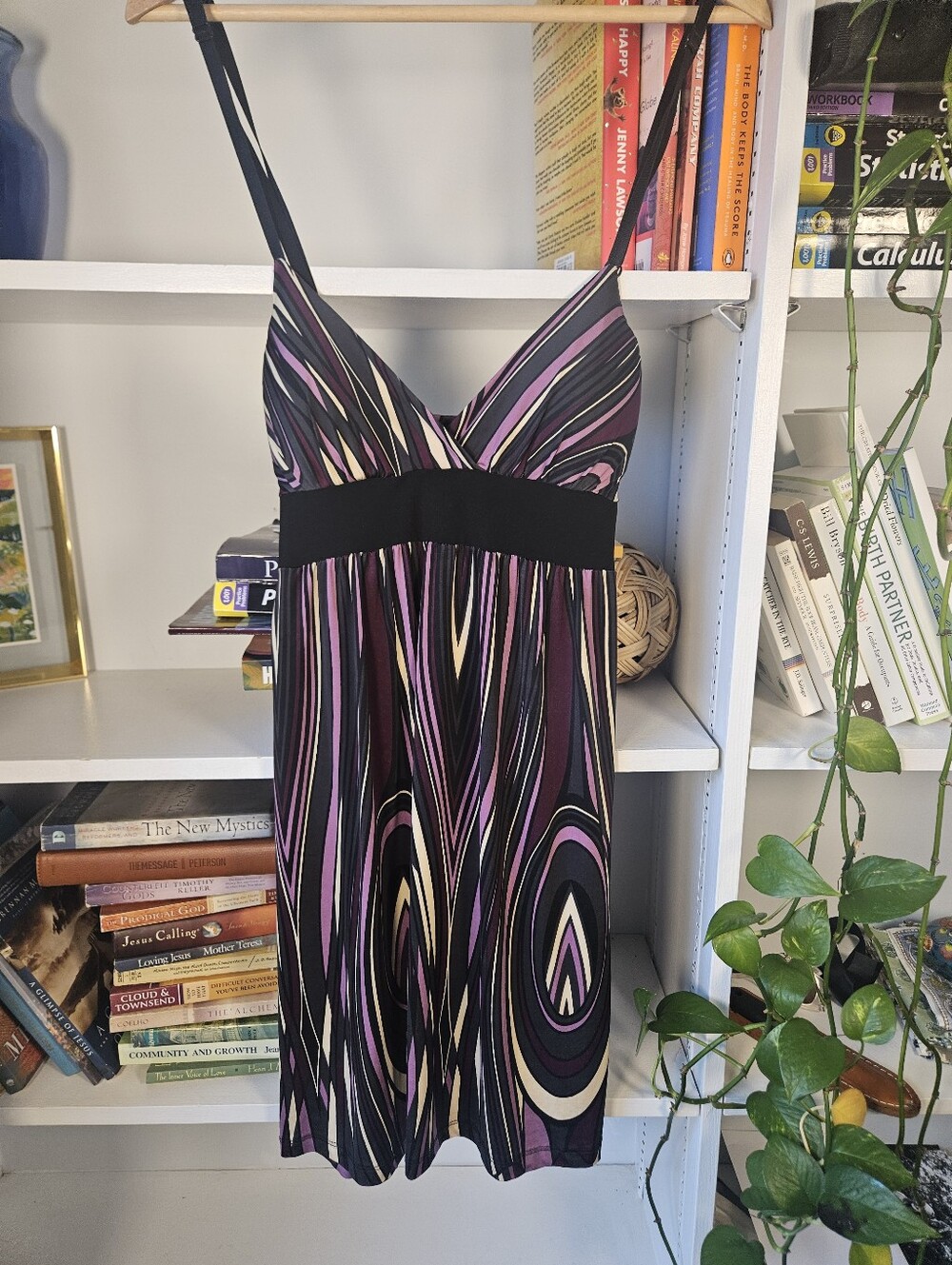 Y2K Babydoll Mini Dress V-Neck Striped Swirl Black Purple Size Large Vintage
